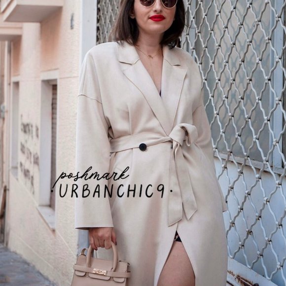 ZARA Faux Suede Belted Trench Coat Stone size M - Picture 4 of 15